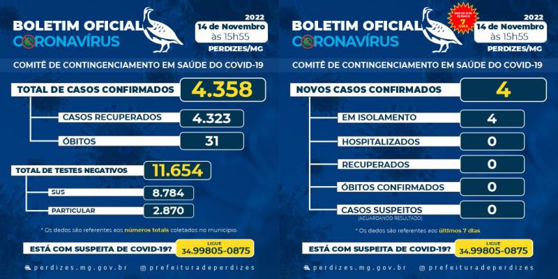 Perdizes/MG - Covid-19: Atualização em 14/11/2022.