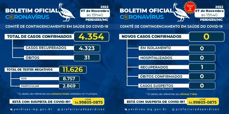 Perdizes/MG - Covid-19: Atualização em 07/11/2022.